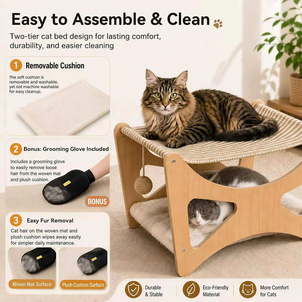 Cat Hammock Bed, 3 in 1 Elevated Bunk Cat Hammock Bed with Sisal Scratching Pad & Soft Plush Cushion, Wooden Cat