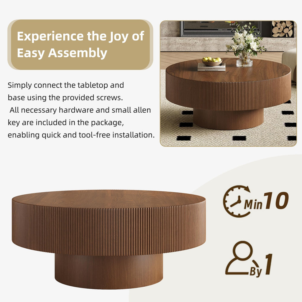31.5" Round Fluted Coffee Table, Modern Wood Circle Drum Center Table, Accent Side Table with Sturdy Pedestal, Walnut