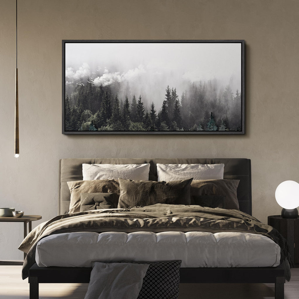 Extra Large Framed Canvas Foggy Pine Forest with Flying Birds Monochrome Illustrations Modern Art Calm Warm - 60"" x30