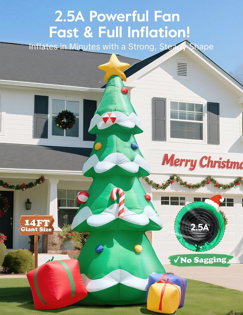 14FT Christmas Tree Inflatables Outdoor Decoration, Giant Inflatable Christmas Tree with 3 Gift Boxes, Lighted