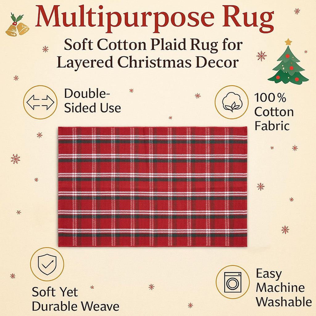 Christmas Door Mat Combo Set - 100% Coco Coir Welcome Mat + 3' x 5' Red Green White Plaid Rug, Christmas New Year