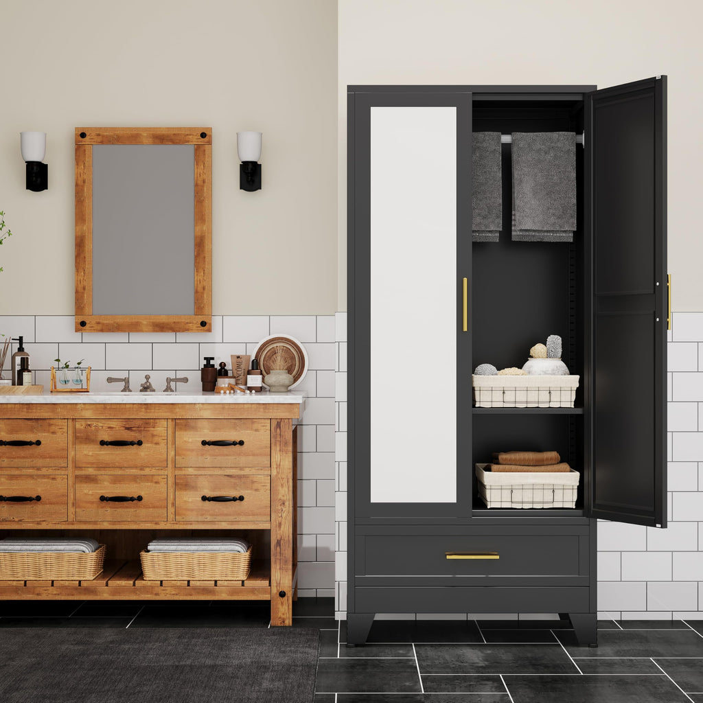 71" H Metal Armoire Wardrobe Closet with Mirror,Household Steel Wardrobe Cabinet with Drawers,Clothing Storage