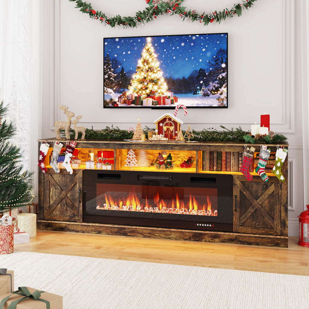 Farmhouse TV Stand with 50" Fireplace for 95" TV, 83" Fireplace Entertainment Center with Barn Doors and LED Light