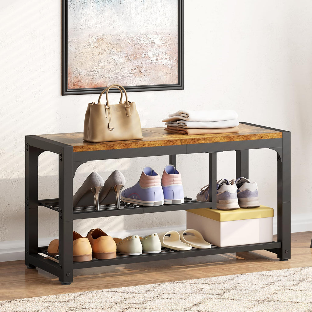 Shoe Bench, 3 Tiers Shoe Rack Bench, 31.5" Shoe Storage Bench, Retro Industrial Entry Bench with Mesh Shelves and Boot