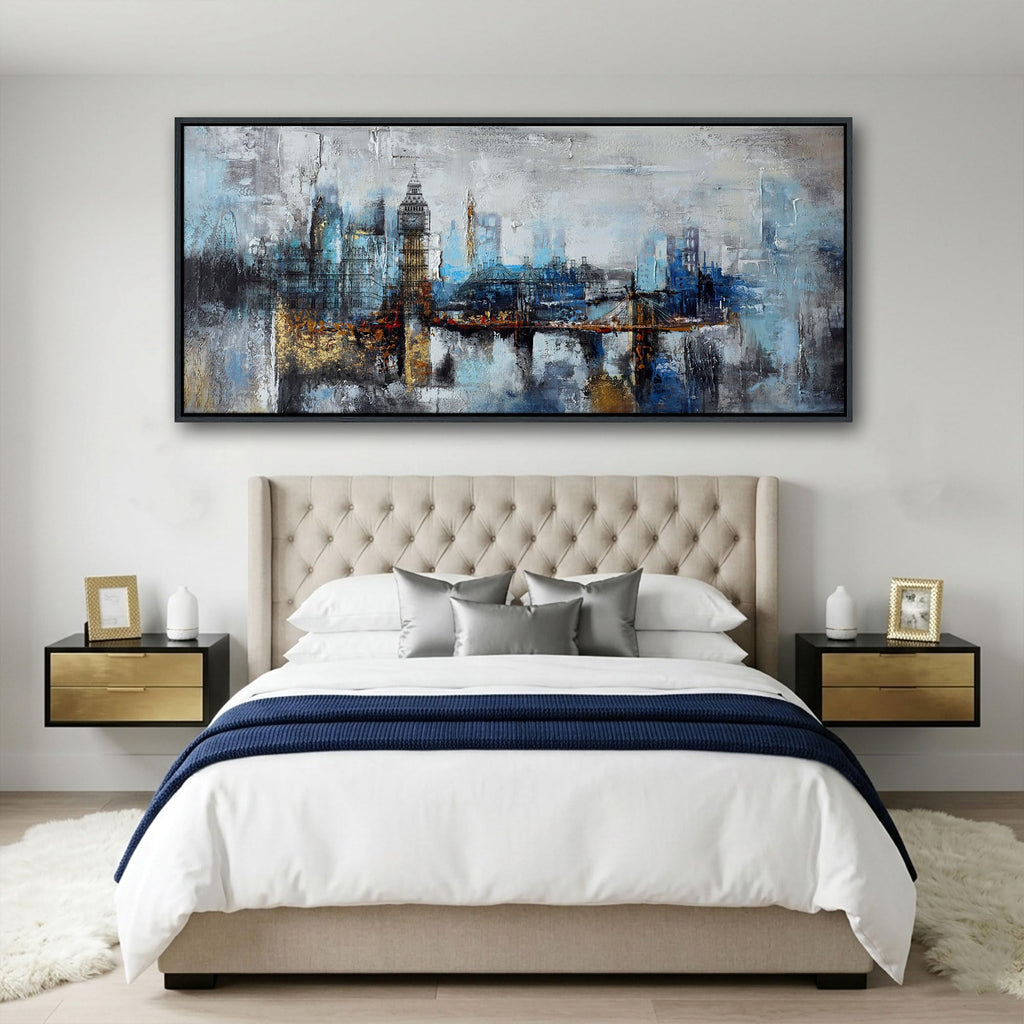 Large Wall Abstract City View Canvas Gray Blue Buildings Prints Wall Office Artwork Wall Decor Decor 31x70 inches