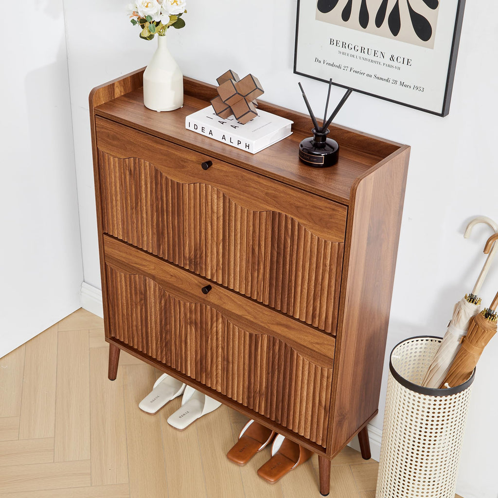 31.5" Fluted Walnut Shoe Storage Cabinet with 2 Flip Drawers