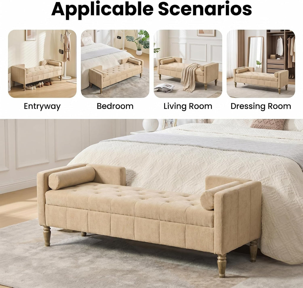 64.6" End of Bed Storage Bench, Diamond Tufted Chenille | 64.6"W × 22.08"D × 22.08"H, Camel, 350 lbs capacity