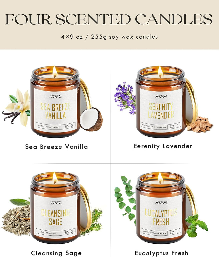 Scented Candles - 4PC Candle Set, 36 oz Soy Candles | Soy Candle Scented, Lavender/Vanilla/Eucalyptus/Sage