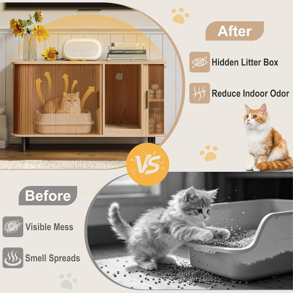 37.4" Cat Litter Box Enclosure with Cat Scratch Pad, Tambour Sliding Door, Modern Hidden Litter Box Enclosure