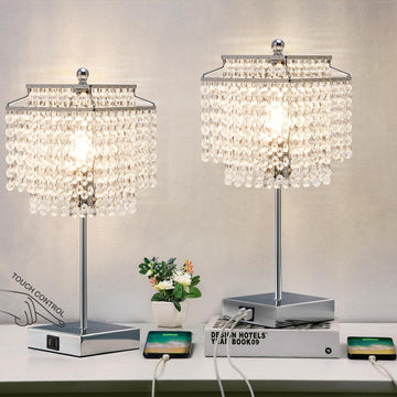 Crystal Table Lamp with Touch Control Set of 2, USB Bedside Table Lamp