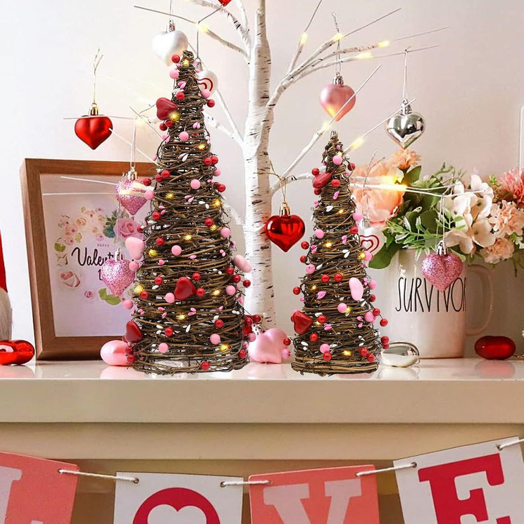Valentines Day Rattan Table Tree Decor,Lighted Valentines Day Decorations - Set of 2