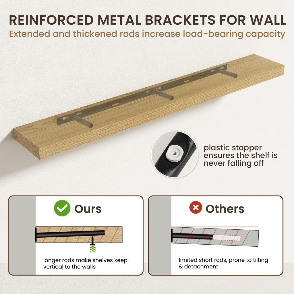 72 Inch Floating Shelves, 6.5 Inch Deep Oak Shelves Set of 2