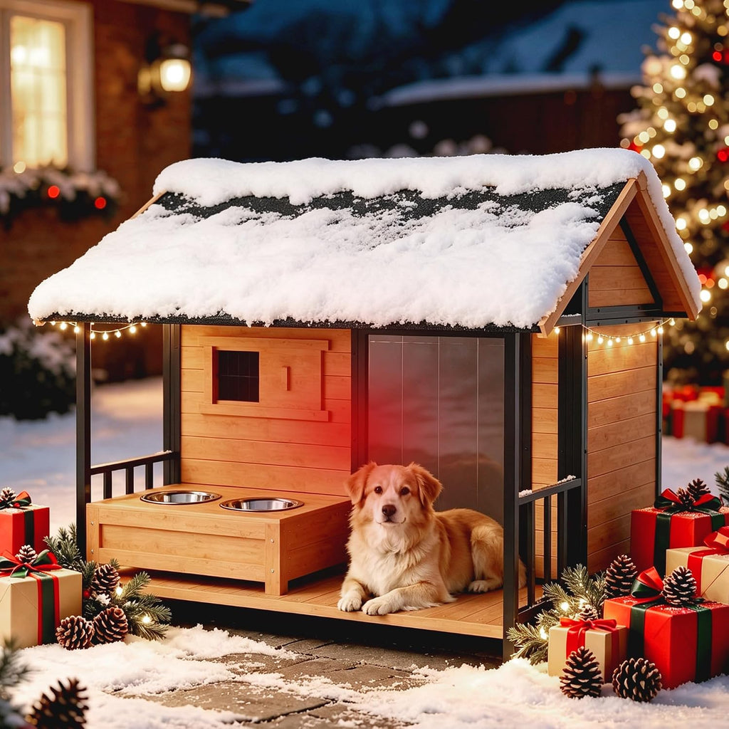 Large Dog House with Porch & Dog Bowls with Insulated Liner
