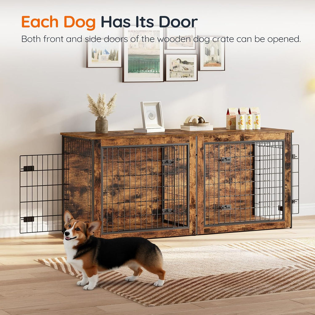 Dog Crate Furniture for 2 Dogs, Large Double Dog Crate Furniture with Divider, Wooden Indoor Kennel TV Stand