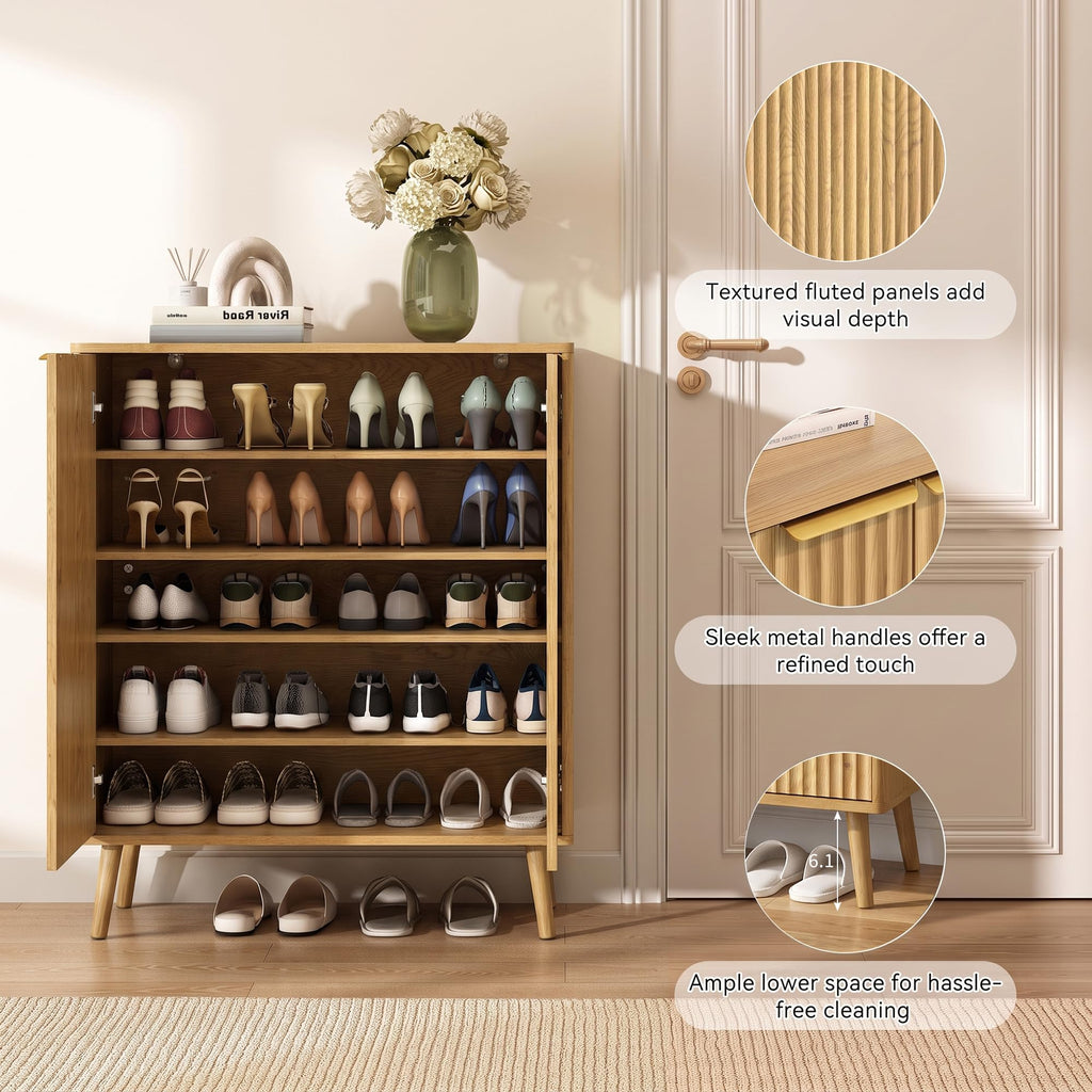 5-Tier Shoe Storage Cabinet with Adjustable Shelves, Light Oak