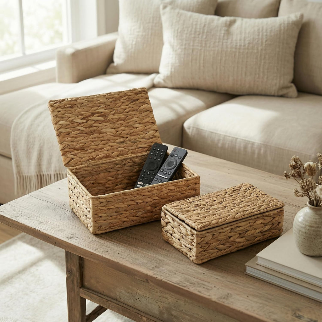 Decorative Storage Boxes with Lids Wicker Organizer Shelf Bins - Set of 2