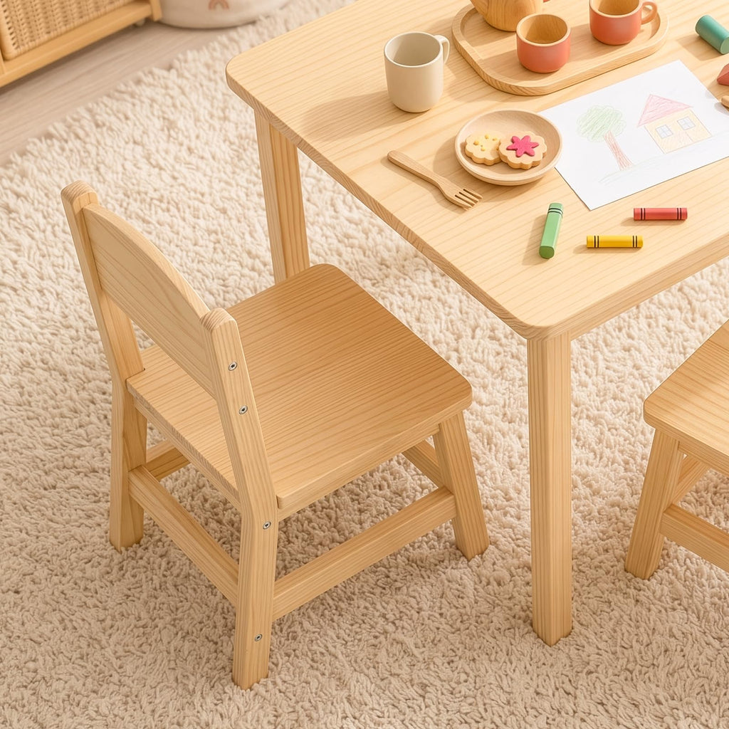 Solid Wood Toddler Table and 2 Chairs Set, Preschool Table