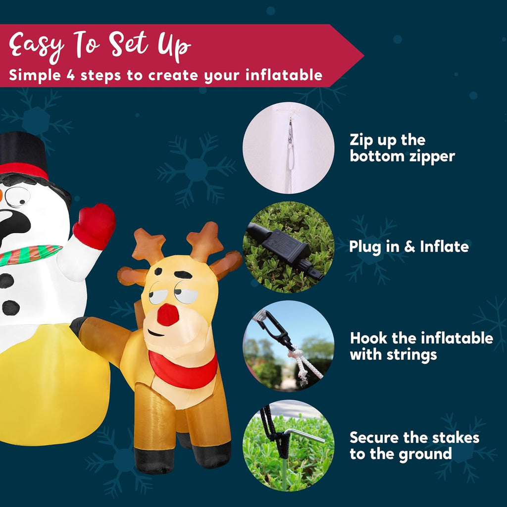 6.6 FT Long Christmas Inflatable Decoration Reindeer Peeing on Snowman, Blow Up Christmas Inflatables Outdoor