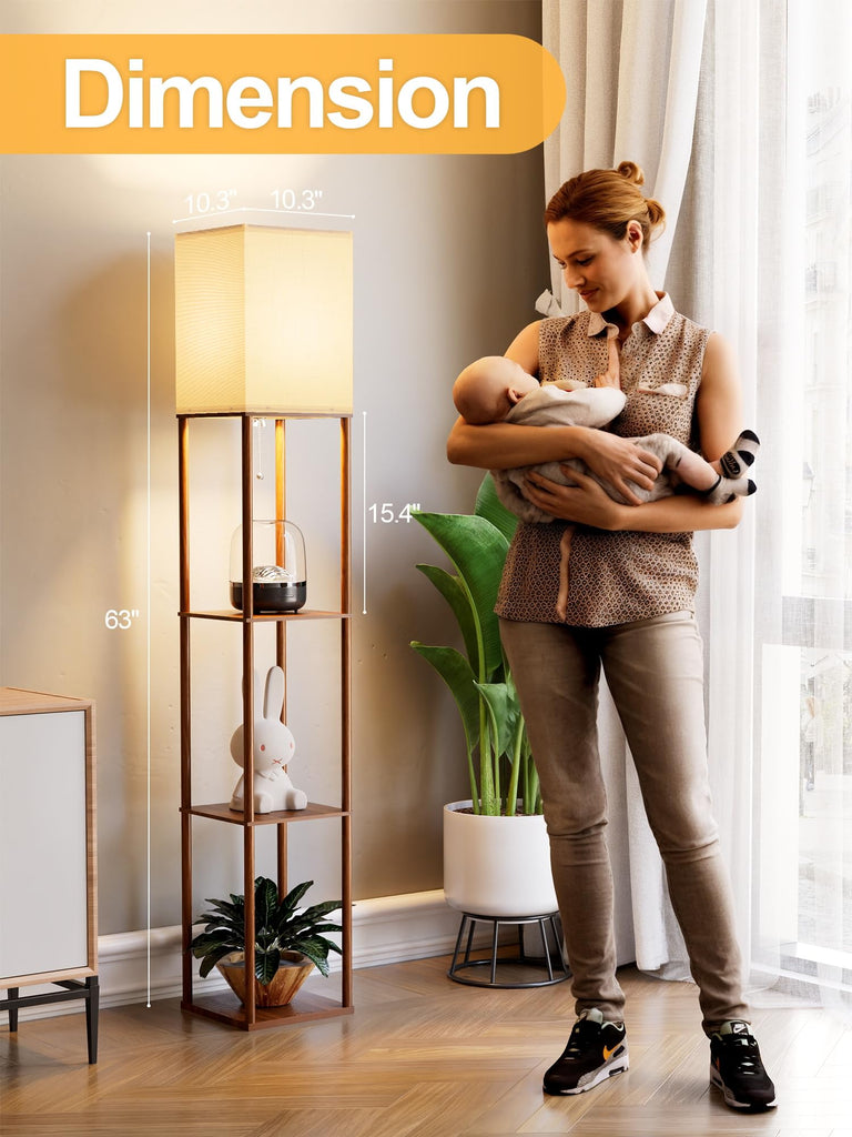 Floor Lamp with Shelves Walnut Brown, Shelf Floor Lamp with 3 CCT LED Bulb, Corner Display Standing Column Lamp