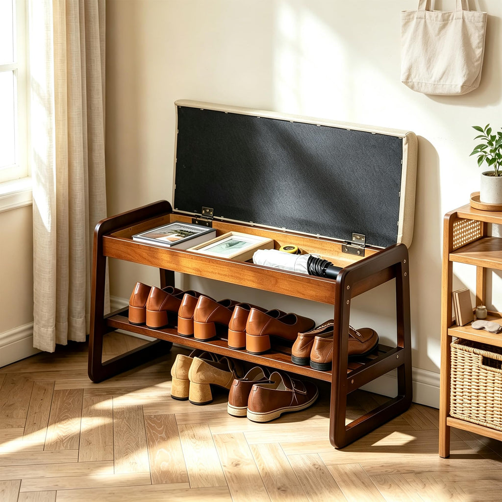 Solid Wood Shoe Rack Bench with Flip-Top Storage, Gray, 31.5"
