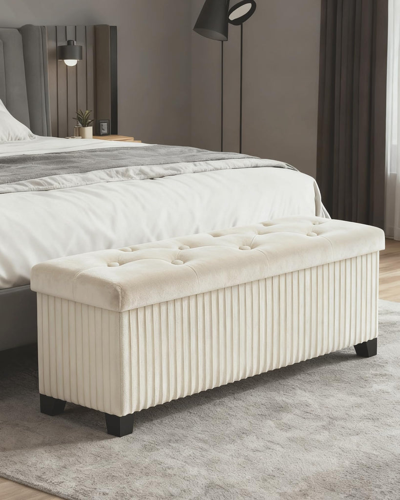 43 Inches Storage Ottoman Bench, Velvet Foot Rest Stool, Beige