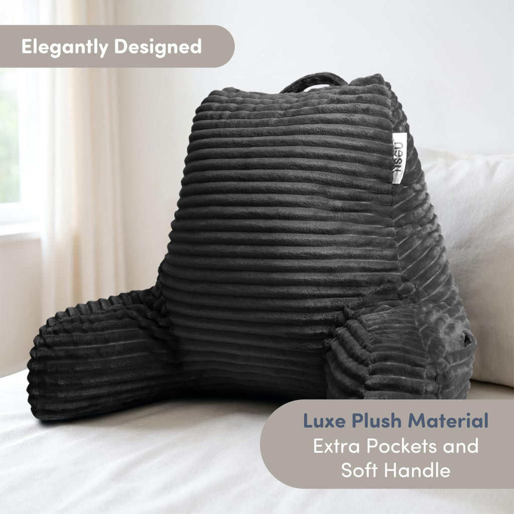 Reading Pillow with Shredded Memory Foam, Luxe Cut Plush Back Pillow for Sitting Up in Bed, Back and Arms Adjustable