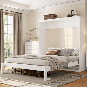 Full Size Murphy Bed Frame, Wood Hideaway Murphy Bed, Farmhouse Wall Bed Cabinet Space Saving Bedroom, Can Be Folded