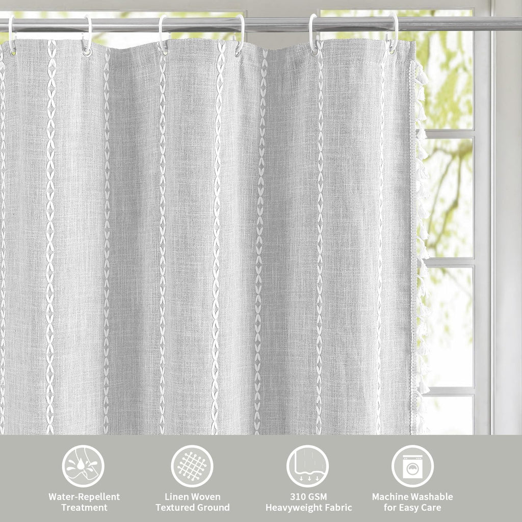 Farmhouse Tassel Linen Shower Curtain, 3D Embroidery Stripe Light Grey, 72x96
