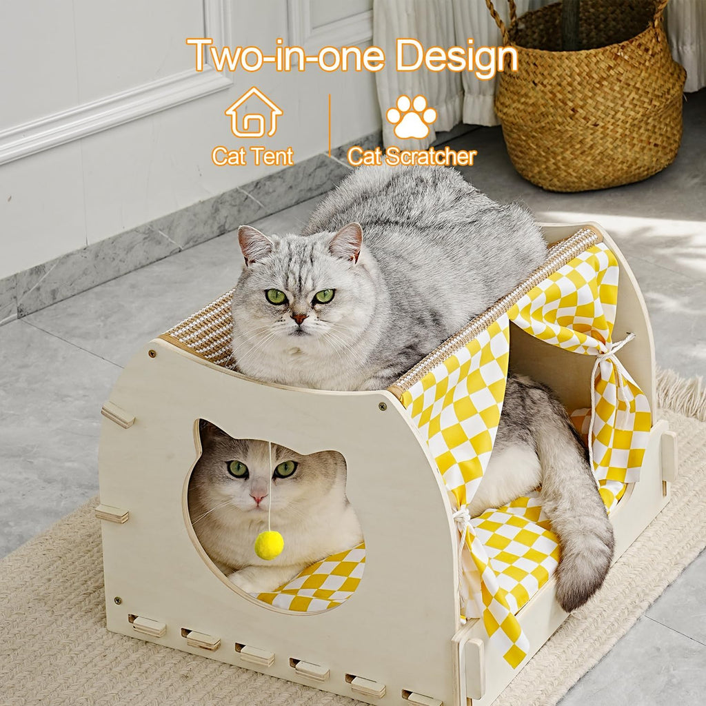 Cat House Indoor, Cat Cave, Modern Kitten Bed with Scratch Pad and Fluffy Ball, Wooden Frame with Cushion