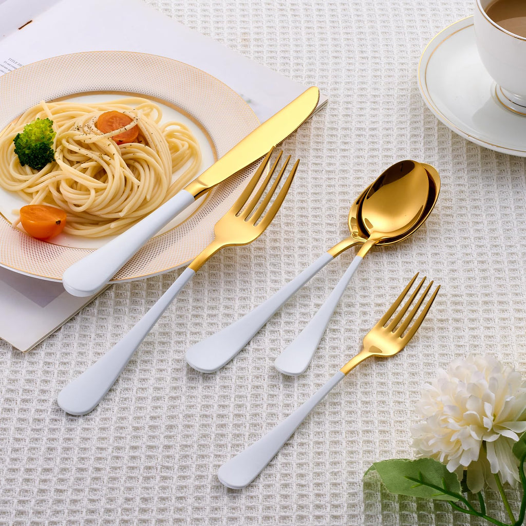 20 Piece Gold and White 18/0 Flatware Utensil Set for 4, Include Dinner Knife, Dinner Forks, Dinner Spoons, Salad