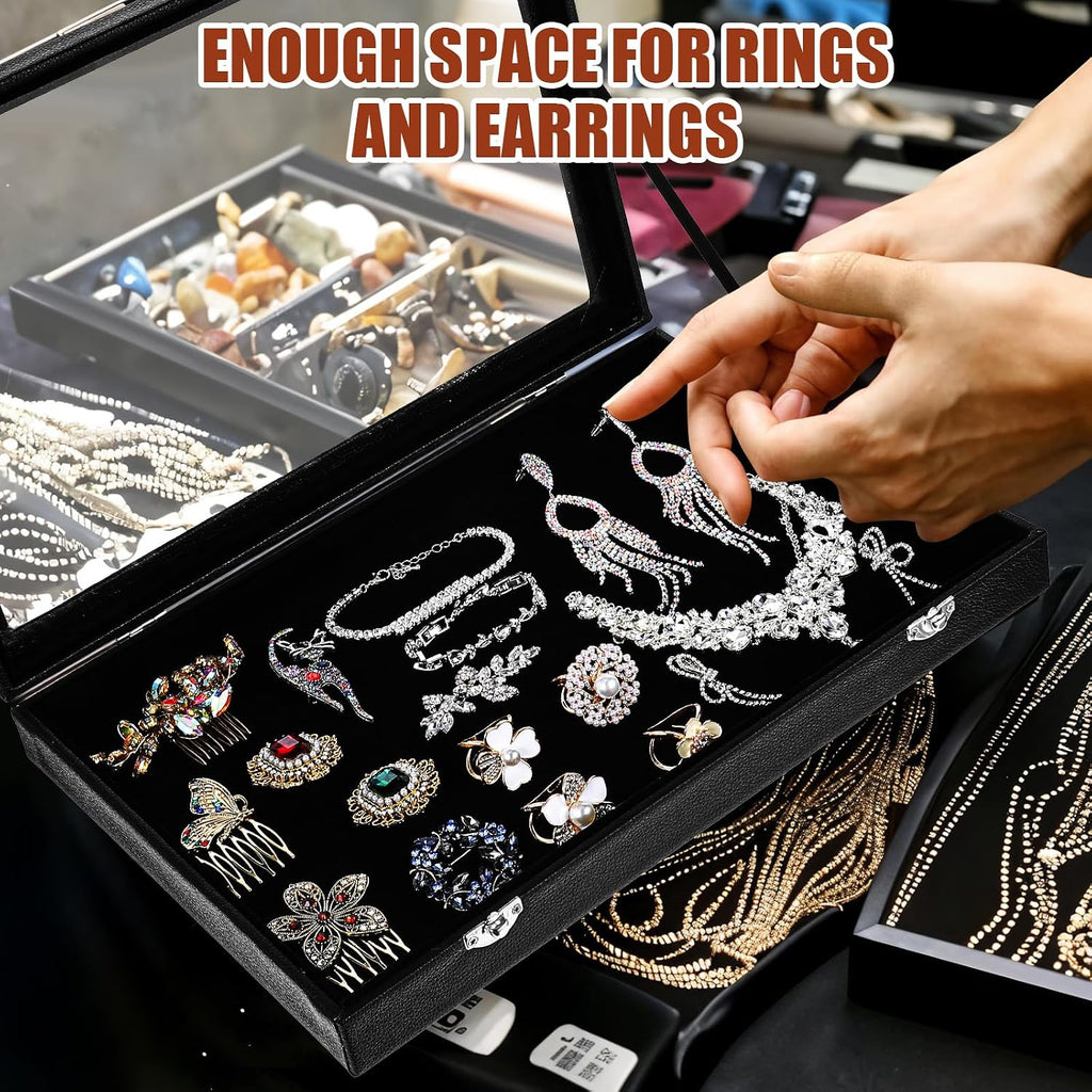 Jewelry Organizer Box, Black Velvet Blank Display Tray Case with Lid, 13.8 x 9.5 x 2 Inch Wooden Jewelry - Set of 3