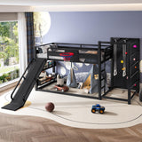 Twin Bunk Bed with Basketball Hoop, Pull-up Rings and Climbing Wall, Twin Bunk Bed with Slide and Bookcase