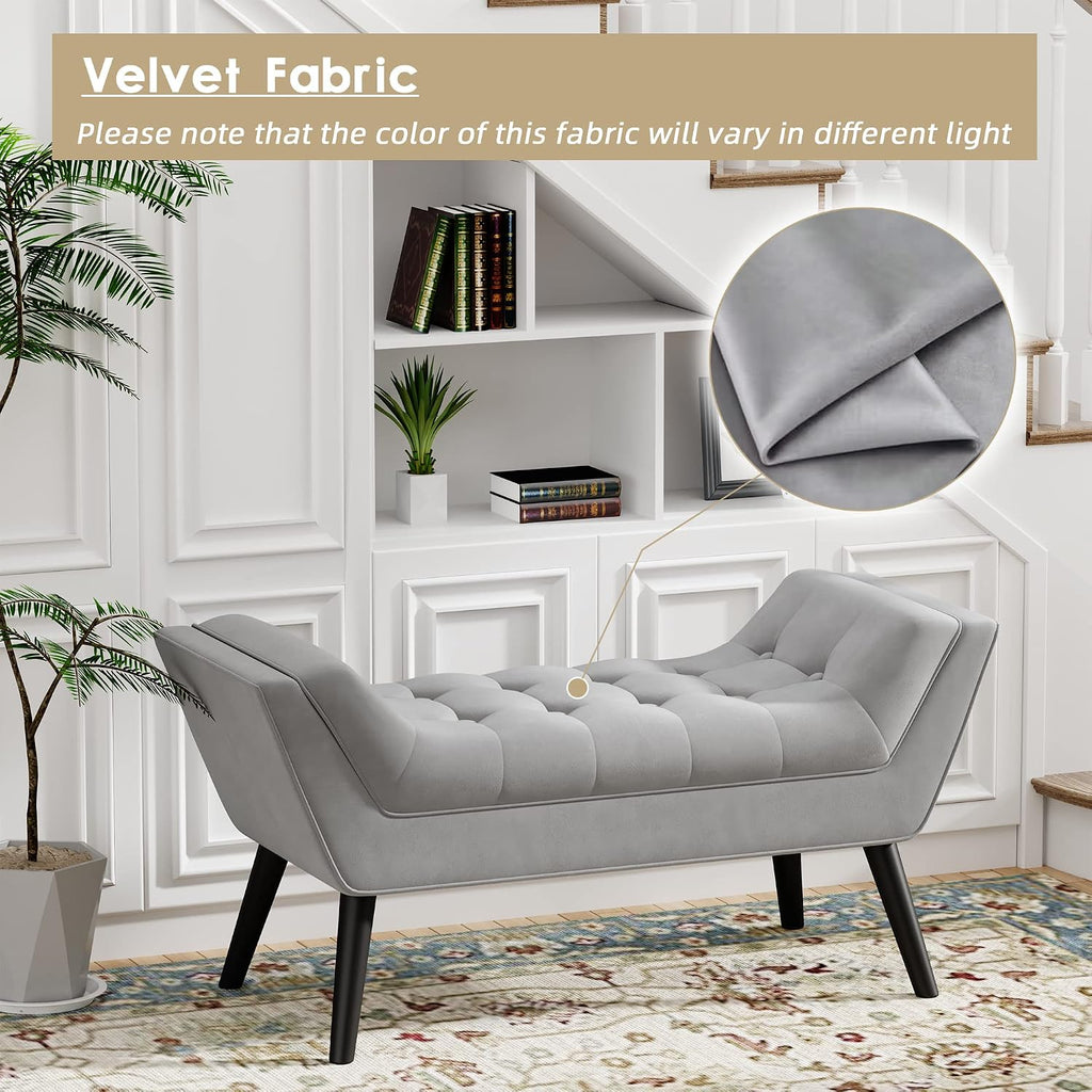 Tufted Bed Bench Fabric Ottoman Footstools for Bed Room -Gray