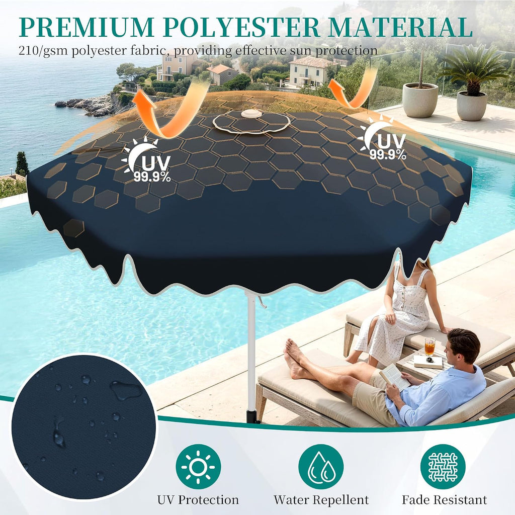 Patio Umbrella with Wavy Trim, UV-Fade-Resistant Canopy, Crank & Tilt - Navy 7.5ft