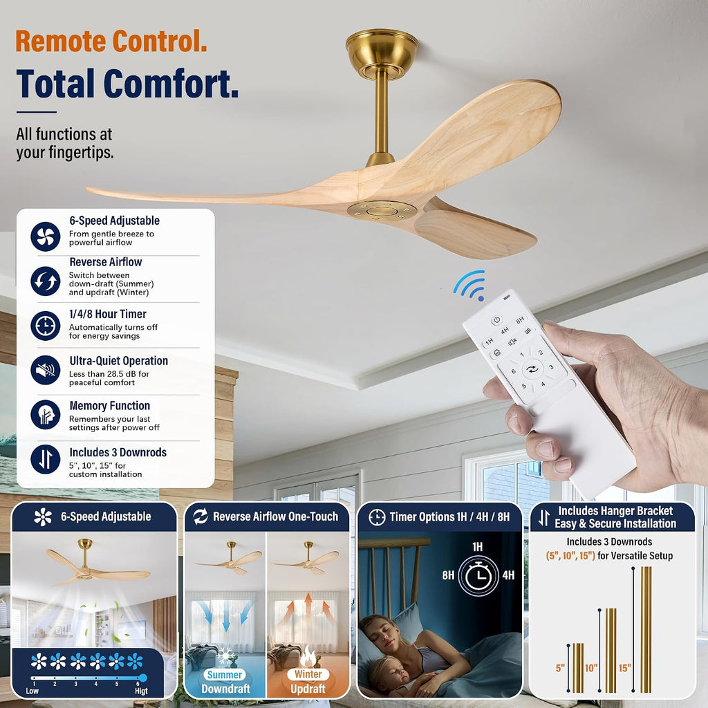 Inspired Maverick Style 52" wood ceiling fan, Brass Gold