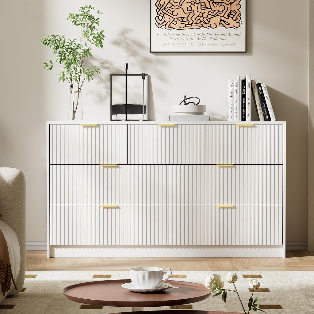 White 7 Drawer, 55.1" Wide Fluted Wood