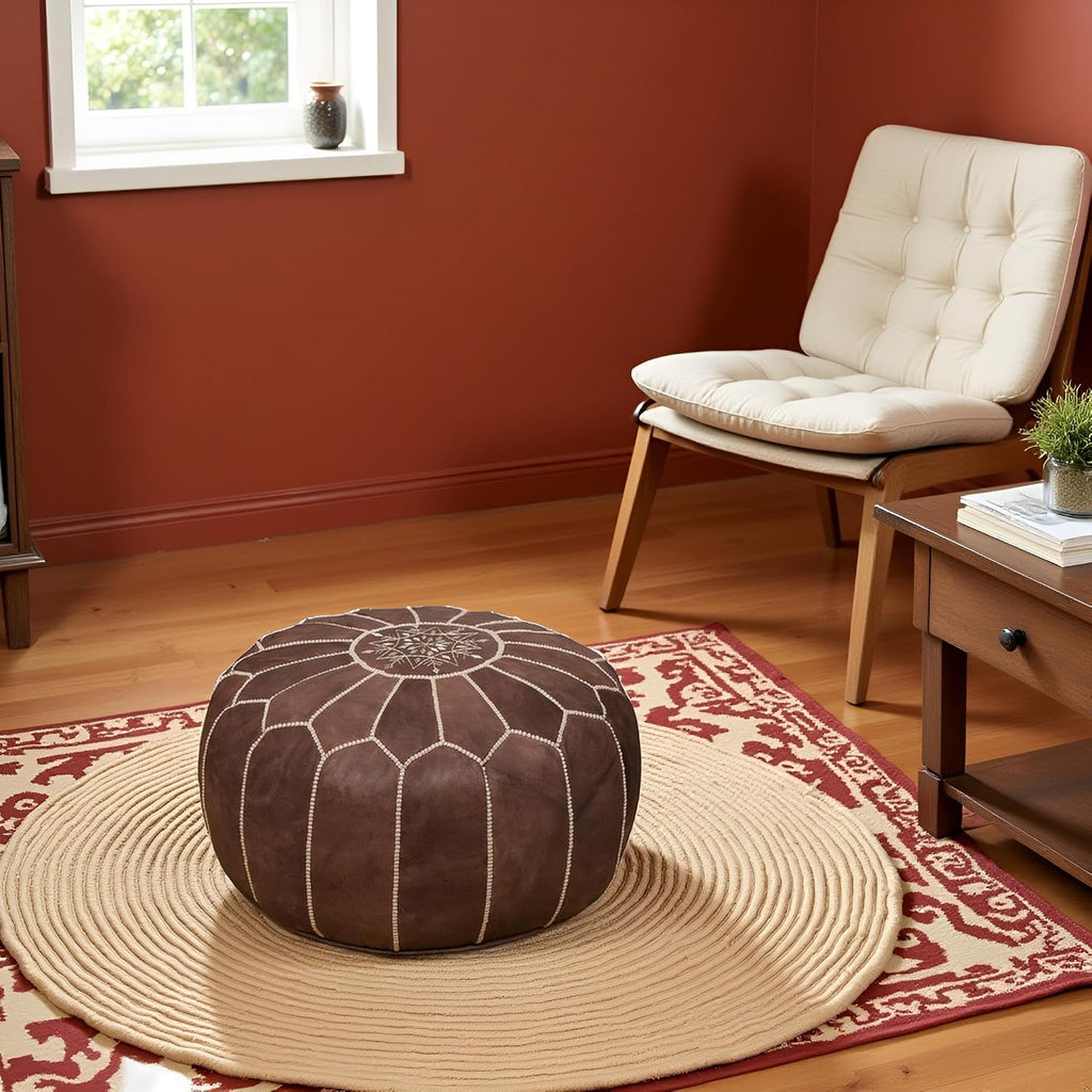Stuffed Round Design Pouf Ottoman, Pre-Filled, 100% Genuine Leather, 13" Height x 20" Diameter, Footstool & Living
