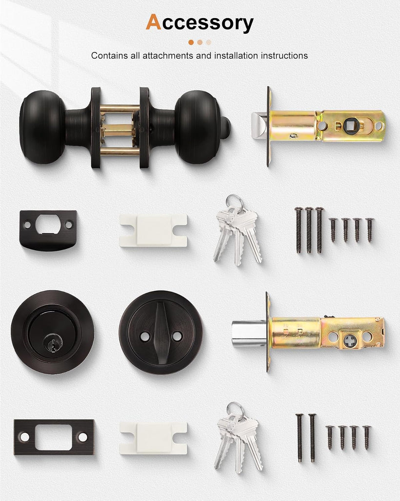 Keyed Alike Entry Door Knob and Single Cylinder Deadbolt Lockset, Front Door Knob with Key and Deadbolt, Oil Rubbed