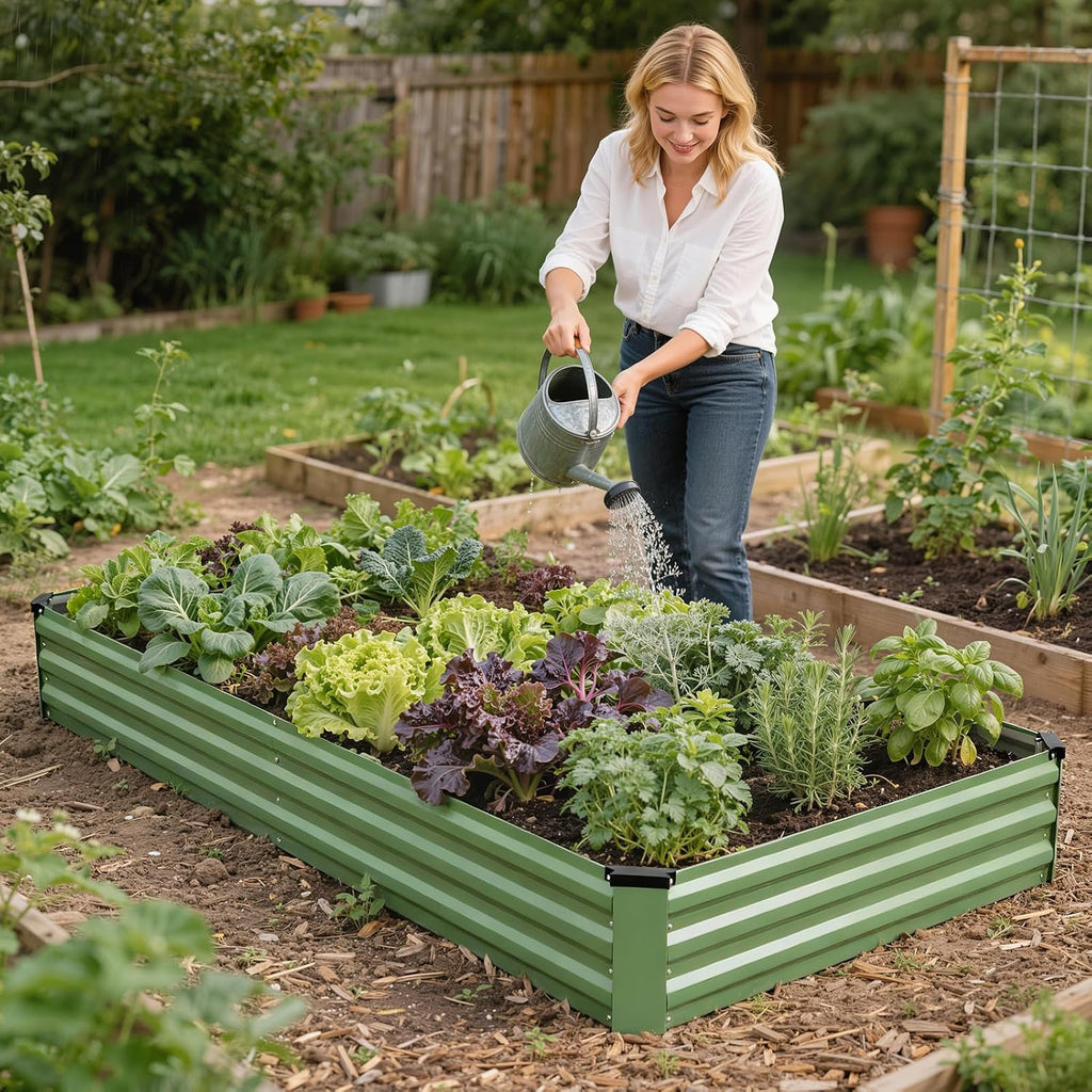 2Pcs Galvanized Raised Garden Bed 8x4x1ft for Herbs, OliveGreen | Metal Planter Box Outdoor, Rectangular Raised Bed