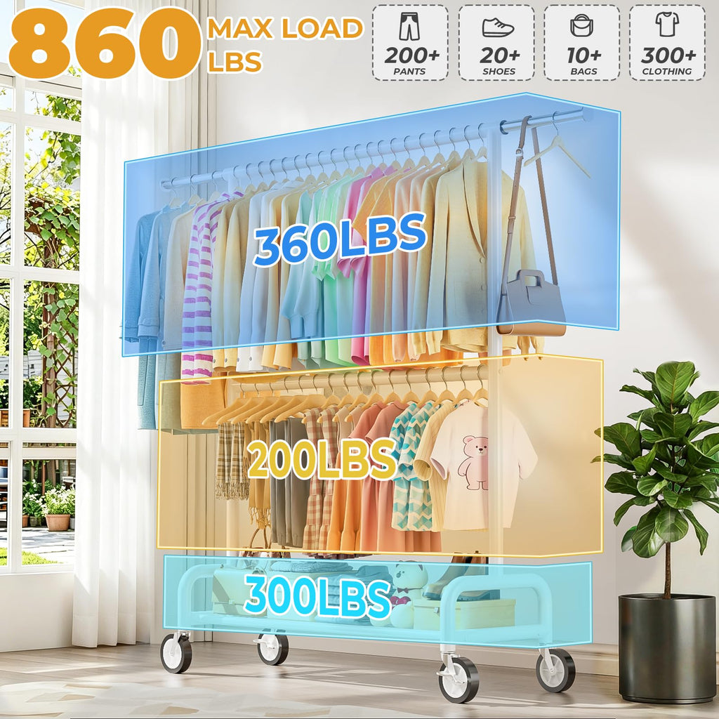 Heavy Duty Clothes Rack Load 860LBS, Double Rods Rolling Clothing Racks for Hanging Clothes, Rolling Garment Rack