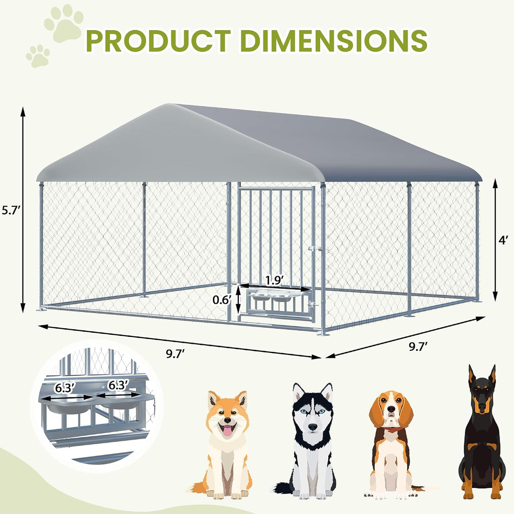 10FT x 10FT Outdoor Dog Kennel with Roof, Outside Dog Run Fence with Rotated Dog Bowls, Large Dog House Pen Enclosure