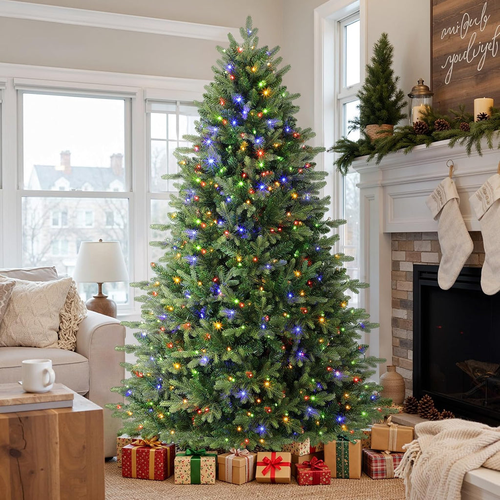 7ft Prelit Artificial Full Hinged Christmas Tree with Color Lights