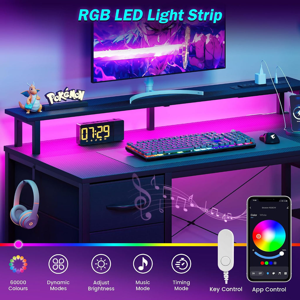 51 Inch Gaming Desk with Drawers & PC Tower Stand & LED Lights, Black | Reversible, Monitor Shelf, Power Outlets