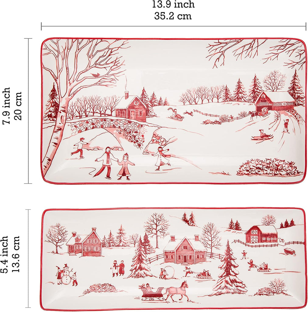 Toile De Jouy Winter Wonderland Ceramic Rectangular Serving Platters Set of 2, 14 Inch, Microwave & Dishwasher Safe