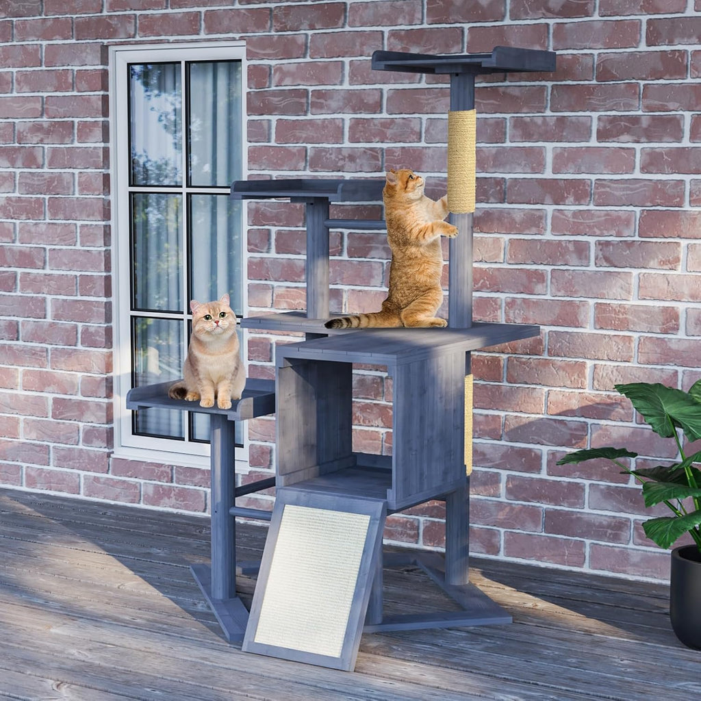 Outdoor Cat Tree for Large Cats, Weatherproof Solid Wood, 48"x43"x67"