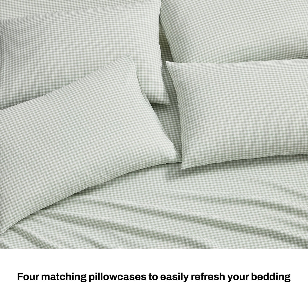 Full Sheet Set - 6-Piece Heather-Hue Gingham Bed Sheets - Sage Green