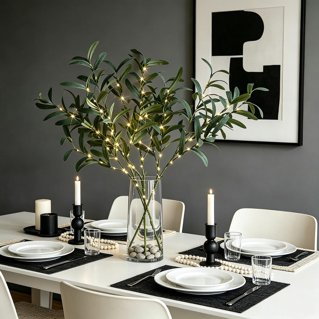 Lighted Olive Branches 24IN 72 LED with Timer Battery Operated Lit Artificial Greenery for Wedding Party Spring Home