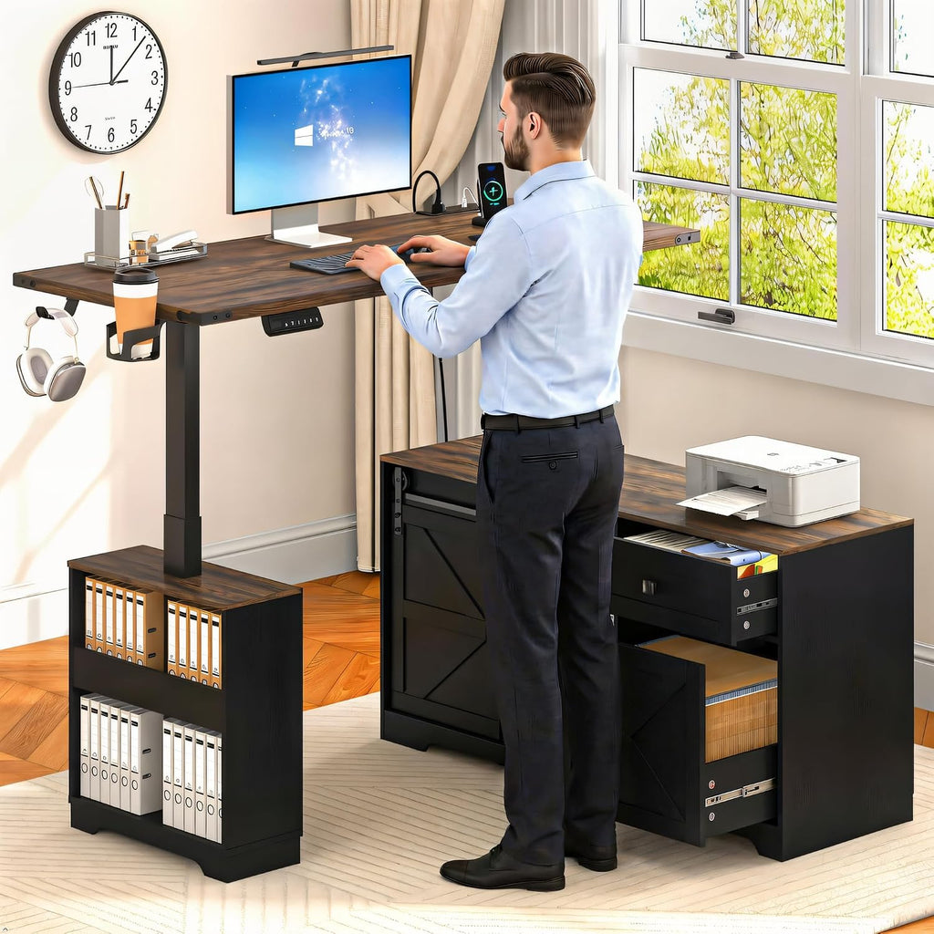 L Shaped Electric Standing Desk 55" Black with Power & Storage | File drawer, sliding door cabinet, cup holder
