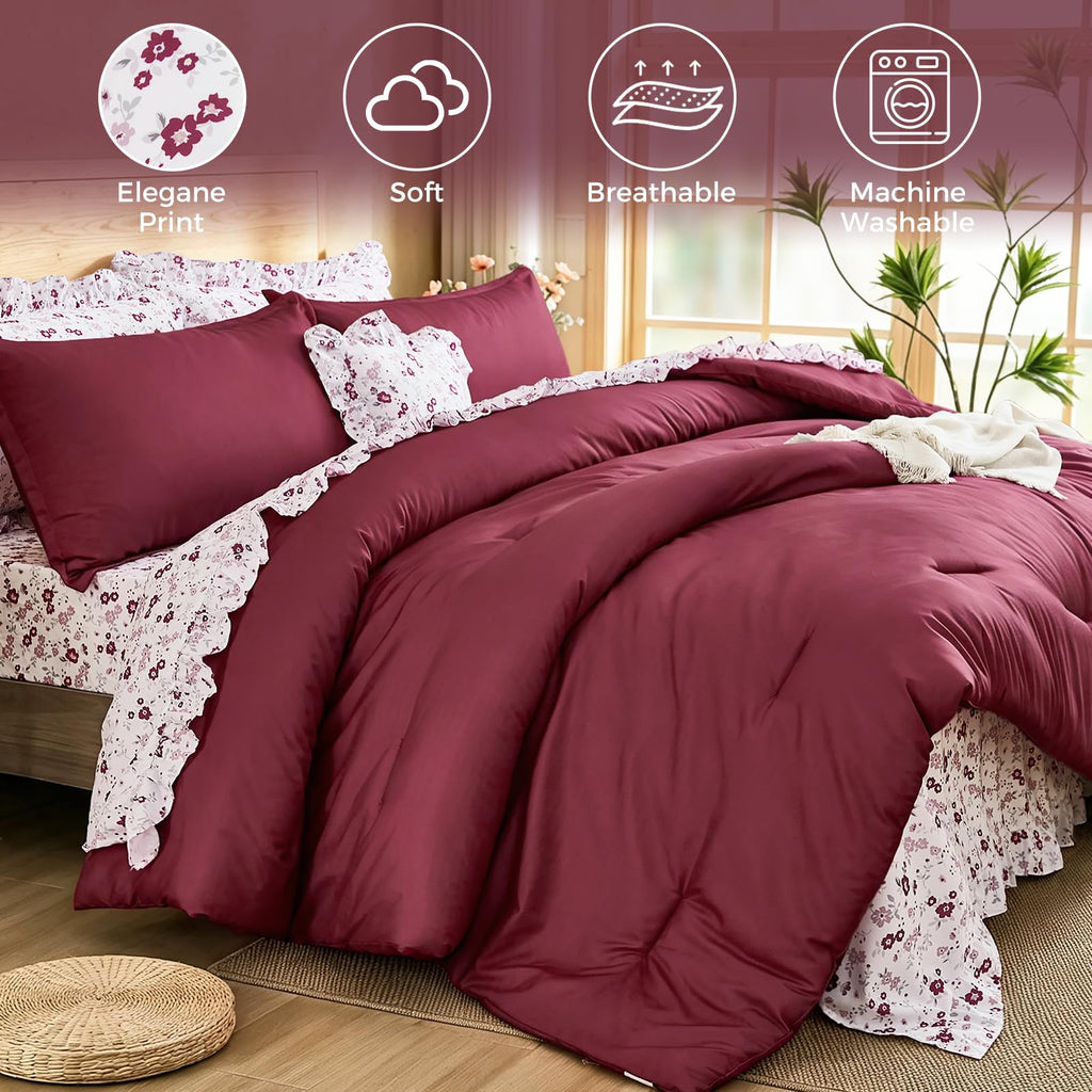 8PC Comforter Set Burgundy, Ruffle Comforter with Floral Sheets
