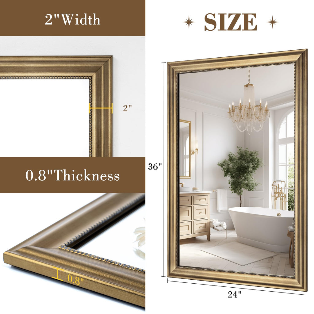24x36 Rectangular Wall Mirror, Decorative Bathroom Mirror, Traditional Vintage Wall Mounted Mirror with Beaded Frame